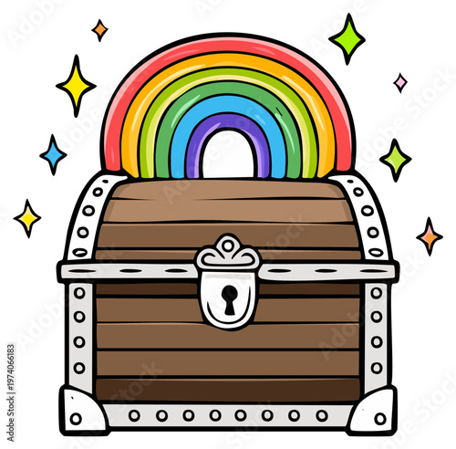 Cartoon wooden treasure chest with a vibrant rainbow and sparkling stars.