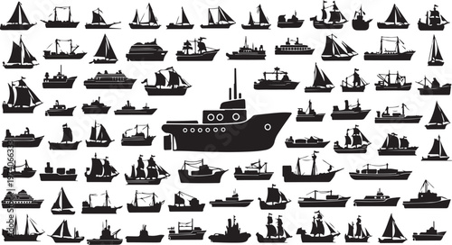 Collection of various boat and ship silhouettes on white