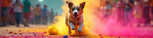 A lively dog joyfully bouncing through the vivid colors of a Holi festival celebration, showcasing its energy and playfulness, Indian culture, fun-loving
