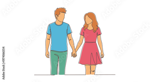 Illustration of a young couple holding hands walking together.