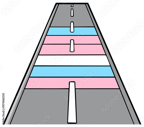 Road with transgender pride flag crosswalk, symbol of inclusivity