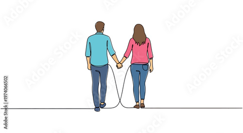 Continuous single line drawing of a young couple holding hands walking together.