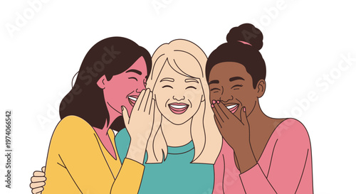 Three diverse female friends laughing and sharing secrets together.