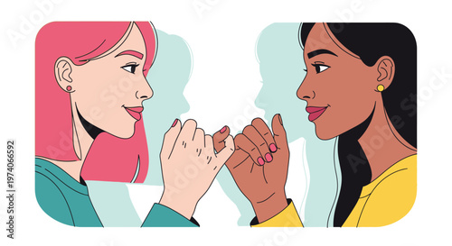 Two diverse women making a pinky promise to each other.