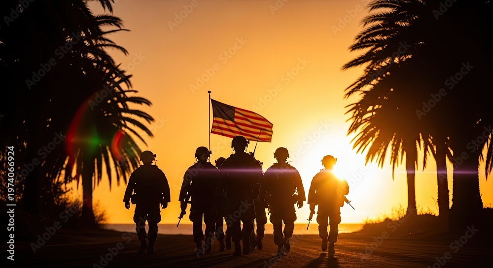 Fototapeta premium Honoring heroes a powerful memorial day silhouette of soldiers against a vibrant sunset