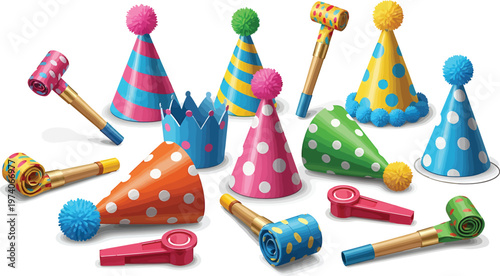 Colorful Party Hats and Noise Makers on White Background