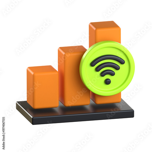 High quality 3D illustration of a network bar chart with a wifi symbol signal strength and data connectivity concept