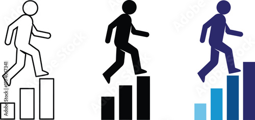 Career growth icon showing person stepping up on increasing bars. Business symbol of promotion, success, professional development, progress, achievement and employee advancement. 