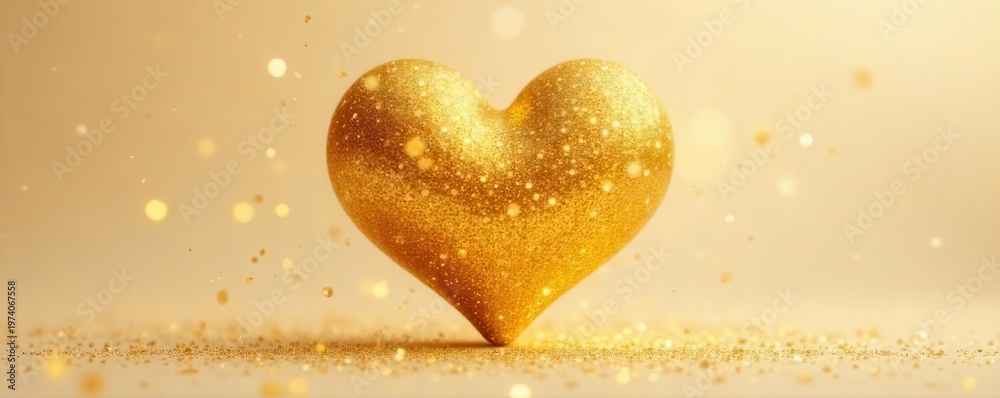 Fototapeta premium A symmetrical design of a glittery golden heart on a beige background with falling sparkles, perfect for luxury design elements , glam, ornate