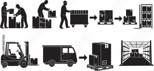 Logistics, warehouse, shipping icons, workflow diagram, cargo delivery