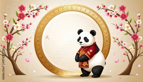 Panda in traditional clothing with a floral background and golden frame