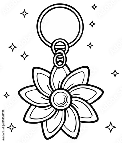 Floral Keychain with Star Accents in Simple Outline Style