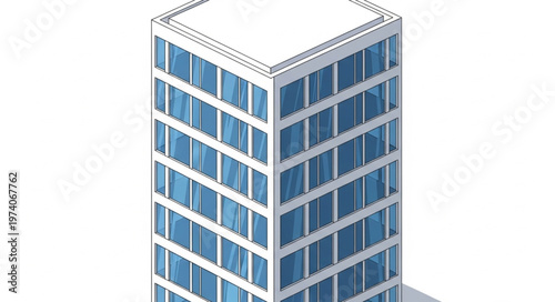 Isometric view of a modern glass office building skyscraper.