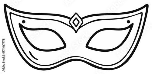 Decorative Masquerade Mask Icon with Gemstone Center, Line Art for Mardi Gras or Costume Party