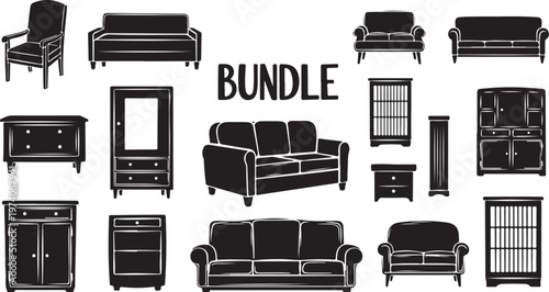 Furniture icons, bundle, black and white, vector set, 16 pieces, home decor elements