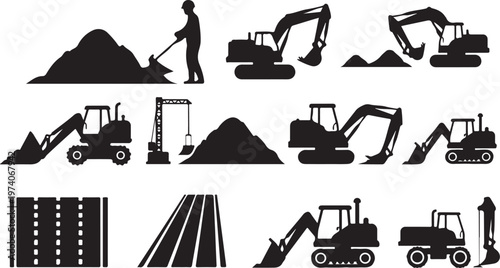 Construction icons, excavator silhouettes, heavy machinery symbols, industrial equipment