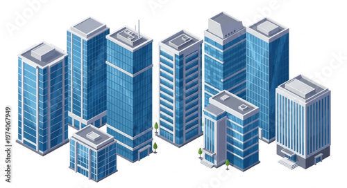 Isometric Cityscape - A Collection of Modern Blue Glass Skyscrapers.