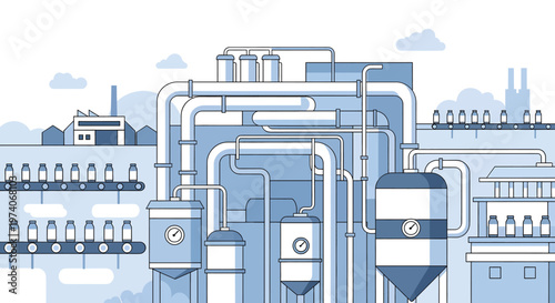 Efficient automated production process in a modern industrial manufacturing plant, showcasing the intricate system of factory operations and product bottling for streamlined output