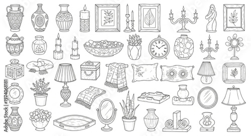 Collection of Vintage Decorative Objects and Furniture Sketches.
