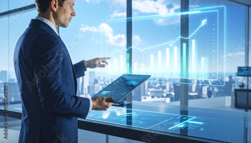 Modern businessman analyzing financial data with futuristic holographic interface in office