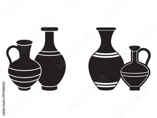 Four black clay vases with white lines on a white background for pottery or ceramics design