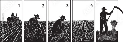 Vintage farm workers, agricultural scenes, rural labor, farming illustrations, black and white