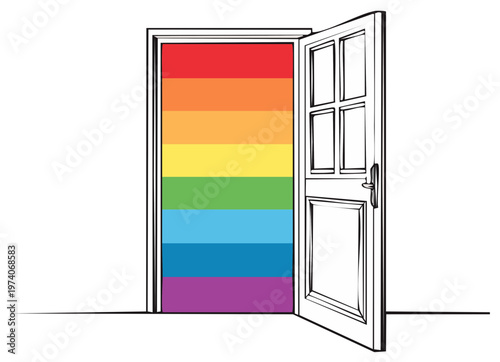 Open doorway revealing a vibrant rainbow flag, symbolizing new beginnings and inclusivity