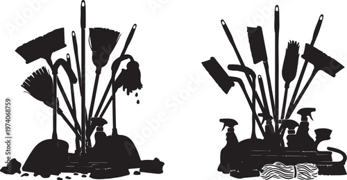 Cleaning tools, janitorial equipment, brooms, mops, black icons, vector set