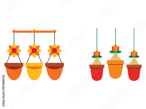 Hanging flower pots with colorful flowers and leaves in orange yellow red and green hues on white background  decorative planters