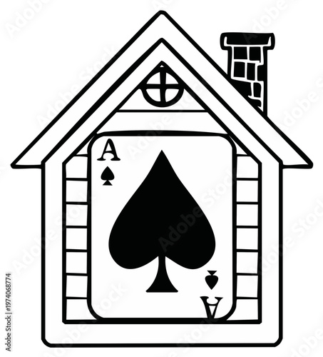 Illustration of a house with an ace of spades card as a prominent feature