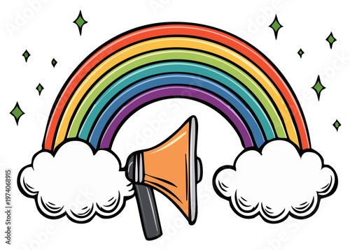 Rainbow with Megaphone and Clouds Symbolizing Hope and Communication Celebration
