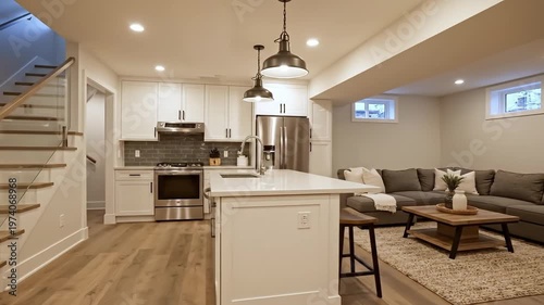 Well Lit Open Concept Basement with White Kitchen and a Staircase