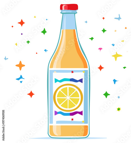 Refreshing orange soda bottle with a lemon label surrounded by festive colorful starbursts and confetti