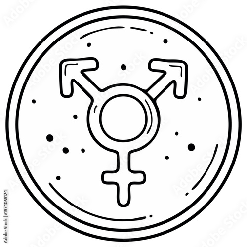 Transgender symbol in a circle, hand-drawn black and white illustration.