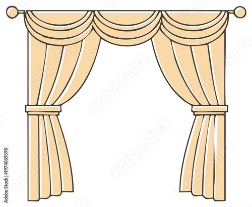 Elegant beige curtains with valance and tiebacks illustration, interior design element, window treatment illustration