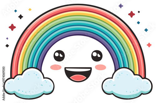 Cute cartoon rainbow with smiling face and fluffy clouds against a sparkling background