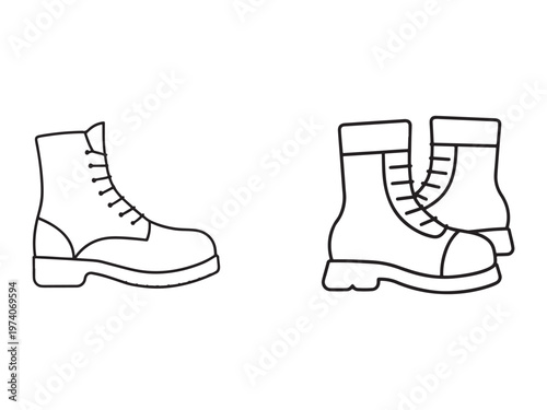 Line drawing of a single boot and a pair of boots with laces and thick soles
