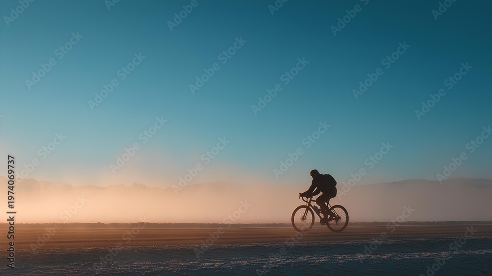 Fototapeta premium Bicyclist on the Horizon: Silhouette of a bicyclist cycling against a backdrop of the dawn's first light. Embracing solitude on a scenic journey, evoking a sense of adventure and peace.