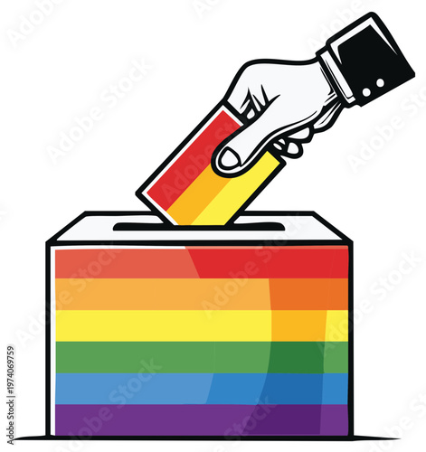 Hand in a suit places a rainbow flag ballot into a rainbow pride voting box for a democratic election concept