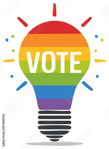 Vibrant rainbow lightbulb with VOTE text expressing democratic participation and LGBTQ+ pride