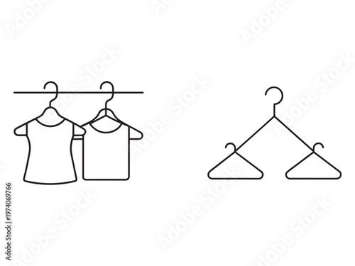 Line drawing of clothes hangers with shirts and a single hanger on a rod