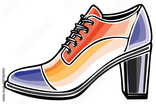 Vibrant color block women's oxford shoe with a chunky high heel and laces