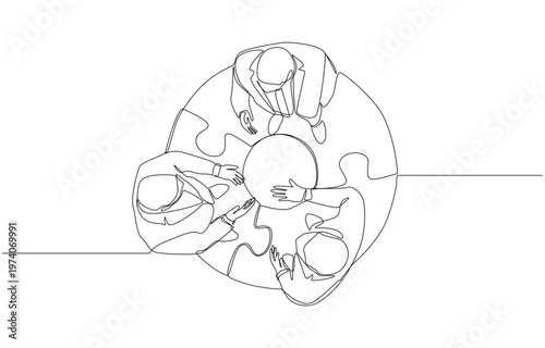 Continuous one line of businesspeople negotiating on 3 pieces circular puzzle, business negotiation and joint venture concept, single line art