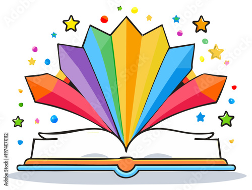 Colorful book with an explosion of rainbow colors and star shapes