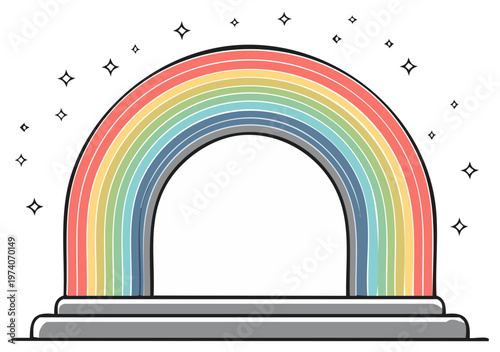 Vibrant arched rainbow illustration with sparkling elements on a stylized platform