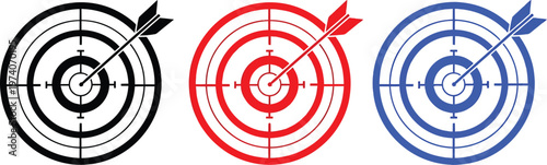 Target icon with arrow hitting the center. Goal and objective symbol for success, accuracy, focus, strategy, business planning and performance results. 