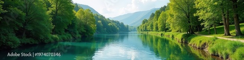 Scenic view of the Thur River in Thann, Haut-Rhin, Vosges, Europe Crystal clear waters flowing through picturesque European landscape , Thann, vacation