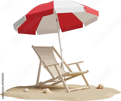 Beach Chair Under Red White Umbrella on Sandy Beach