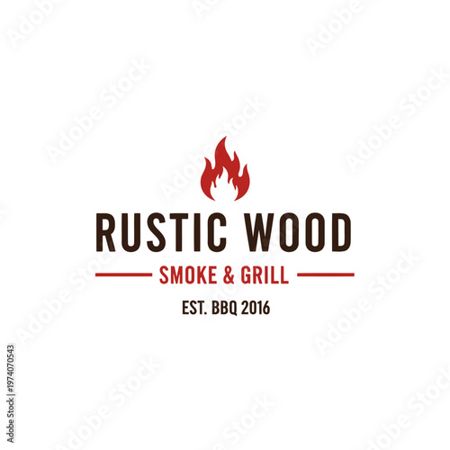Rustic Wood Smoke & Grill BBQ Logo Emblem With Flame Icon and Established 2016