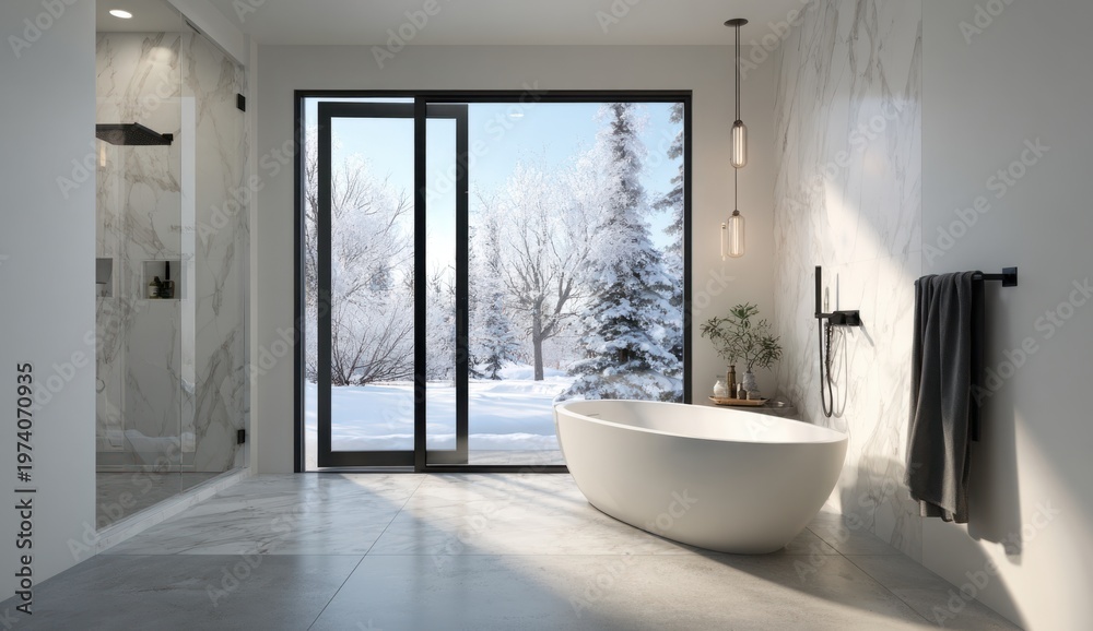 Fototapeta premium Modern bathroom with freestanding white oval bathtub and large floor-to-ceiling window overlooking snowy landscape